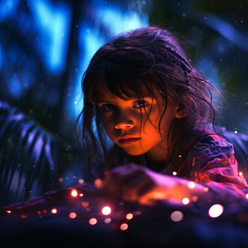 magic, waterfall, enchanted forest, children exploring, environment, Cyberpunk magical world, waterfall, palm trees, Pearl-lacquered magical landscape, Filmed with Fujifilm Eterna Vivid 500T, bright neon colors, fiery eye focus::3, backlight removal::2 , Canon R8 400mm, F5 panoramic shot, 4 HD result, cinematic photography style, ray tracing , environment