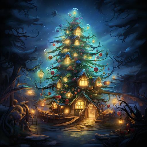 magical christmas tree, cartoon art