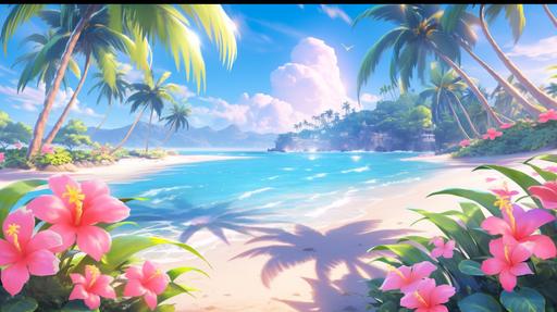 magical enchanted island beach environment game art, pink flowers, palm trees, 8k, high detail, clean lines, crisp, brightly lit, --no blurry --niji --ar 16:9