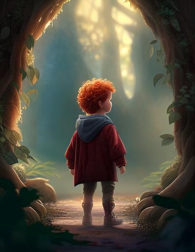 magical fairy tale forest, dreamy, cute little boy with red curly hair in the far distance, unreal engine, --ar 4:5