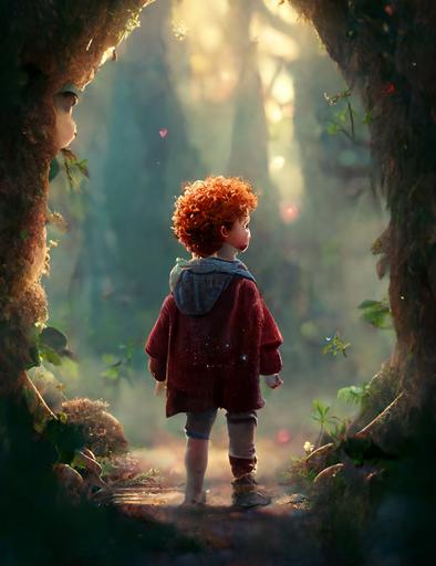 magical fairy tale forest, dreamy, cute little boy with red curly hair in the far distance, unreal engine, --ar 4:5