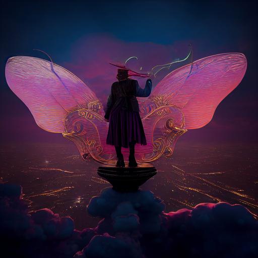 magical, full bodied, fairy captain, standing on the bow of a magical pirate airship, flying in the cloud’s, dynamic lighting, pinks and blues mixed with bronze and gold, 8k, 3D, hyper real, octane render --test --creative