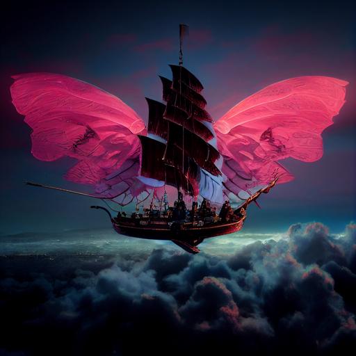 magical, full bodied, fairy captain, standing on the bow of a magical pirate airship, flying in the cloud’s, dynamic lighting, pinks and blues mixed with bronze and gold, 8k, 3D, hyper real, octane render --test --creative