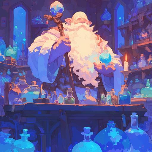 magical items shopkeeper, fantasy dwarf with a long white beard and long white robes, charcoal colored skin and smiling expression, surrounded by colorful glowing magical knickknacks --s 250 --niji 6