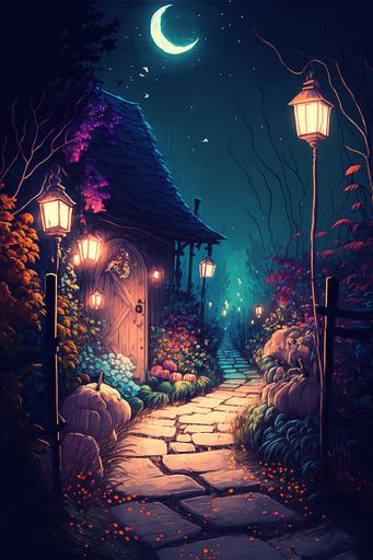 magical path with white wooden fencing and fairy lights, Cosy, garden environment, complex, wide view   color pen and ink, illustration, realistic, maximalist, spectacular details, 8K, concept art, cinematic, atmospheric, epic composition, dramatic light,   vibrant colors, high contrast --ar 2:3 --v 4 --q 2