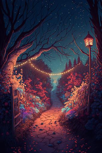 magical path with white wooden fencing and fairy lights, Cosy, garden environment, complex, wide view   color pen and ink, illustration, realistic, maximalist, spectacular details, 8K, concept art, cinematic, atmospheric, epic composition, dramatic light,   vibrant colors, high contrast --ar 2:3 --v 4 --q 2