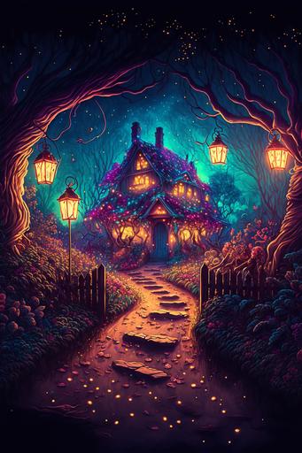 magical path with white wooden fencing and fairy lights, Cosy, garden environment, complex, wide view   color pen and ink, illustration, realistic, maximalist, spectacular details, 8K, concept art, cinematic, atmospheric, epic composition, dramatic light,   vibrant colors, high contrast --ar 2:3 --v 4 --q 2