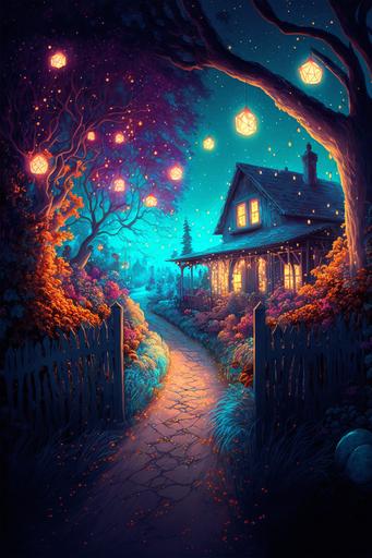 magical path with white wooden fencing and fairy lights, Cosy, garden environment, complex, wide view   color pen and ink, illustration, realistic, maximalist, spectacular details, 8K, concept art, cinematic, atmospheric, epic composition, dramatic light,   vibrant colors, high contrast --ar 2:3 --v 4 --q 2