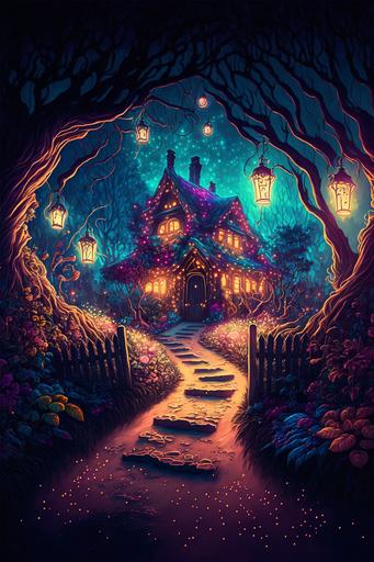 magical path with white wooden fencing and fairy lights, Cosy, garden environment, complex, wide view   color pen and ink, illustration, realistic, maximalist, spectacular details, 8K, concept art, cinematic, atmospheric, epic composition, dramatic light,   vibrant colors, high contrast --ar 2:3 --v 4 --q 2