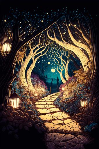 magical path with white wooden fencing and fairy lights, Cosy, garden environment, complex, wide view   color pen and ink, illustration, realistic, maximalist, spectacular details, 8K, concept art, cinematic, atmospheric, epic composition, dramatic light,   vibrant colors, high contrast --ar 2:3 --v 4 --q 2