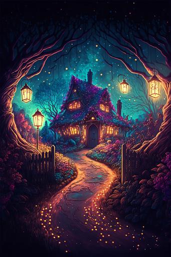 magical path with white wooden fencing and fairy lights, Cosy, garden environment, complex, wide view   color pen and ink, illustration, realistic, maximalist, spectacular details, 8K, concept art, cinematic, atmospheric, epic composition, dramatic light,   vibrant colors, high contrast --ar 2:3 --v 4 --q 2