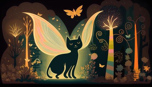 magical, surreal, elegant illustration of a happy mythical Cernunnos black cat with angel wings, outdoors, in front of an enchanted french castle, multi-colored, bioluminescent, with glittery gold, by mary blair  happy  --ar 16:9 --q 2