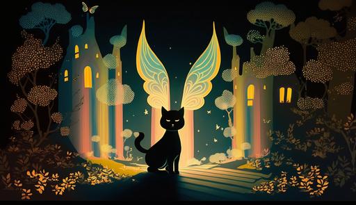 magical, surreal, elegant illustration of a happy mythical Cernunnos black cat with angel wings, outdoors, in front of an enchanted french castle, multi-colored, bioluminescent, with glittery gold, by mary blair  happy  --ar 16:9 --q 2