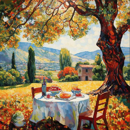 magine the vibrant pointillism-style painting, set against the backdrop of the picturesque French countryside. The canvas is a symphony of colors, echoing a midday in France, where the essence of joie de vivre is celebrated. In the foreground, nestled beneath the majestic oak tree, lies a charming picnic scene. A checkered red-and-white tablecloth is spread across the ground, adorned with an array of mouthwatering French delicacies. Baguettes, adorned with crisp, golden crusts, are artfully arranged beside wheels of creamy brie cheese and ripe Camembert. On a delicate porcelain platter, there’s a medley of fresh fruits - succulent grapes, sweet strawberries, and juicy peaches. Their vibrant colors add a lively contrast to the scene. Nearby, a basket overflows with croissants, still warm from the bakery, embodying the essence of French indulgence. Two crystal wine glasses stand ready, filled with a rich, velvety Bordeaux wine. The deep red hues of the wine glisten in the dappled sunlight. A bottle of wine rests beside the glasses, bearing a label that hints at its exquisite origin, capturing the spirit of French joie de vivre. Amidst this tempting feast, miniature figures are engaged in joyous activities. Some sit together, sharing laughter and wine, while others dance to the tune of an imaginary French accordion, exuding pure levensvreugde. The painting is illuminated by a soft, golden sunlight that bathes the entire scene in warmth. It invites viewers to savor not only the visual feast but also the sensory delight of French cuisine and wine, encouraging them to embrace the beauty of life’s journey and find joy and love in every moment, just as the French do.