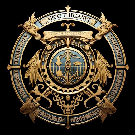 magipunk kombuchacore magic and technology school crest, circular crest, embendded platinum and bronze there's 