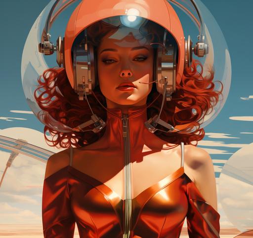 magnificent angry foxy redhead with long curly hair with a bubble helmet in a tight-fitting jumpsuit at the fennel field, hyperdetailed, futuristic design by Syd Mead and Frank Lloyd Wright, in the style of Jean-Paul Goude, in the style of Oleg Oprisco,
