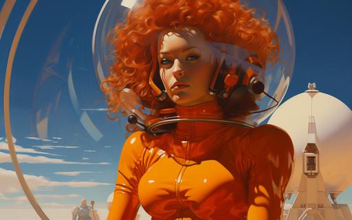 magnificent angry foxy redhead with long curly hair with a bubble helmet in a tight-fitting jumpsuit at the fennel field, hyperdetailed, futuristic design by Syd Mead and Frank Lloyd Wright, in the style of Jean-Paul Goude, in the style of Oleg Oprisco, --ar 16:10