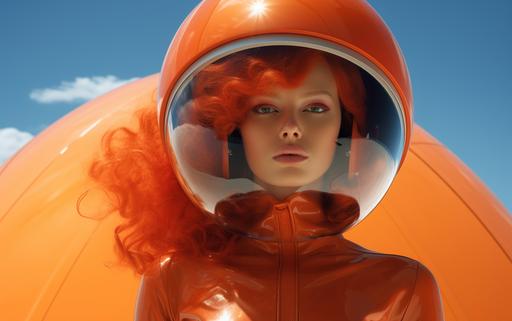 magnificent angry foxy redhead with long curly hair with a bubble helmet in a tight-fitting jumpsuit at the fennel field, hyperdetailed, futuristic design by Syd Mead and Frank Lloyd Wright, in the style of Jean-Paul Goude, in the style of Oleg Oprisco, --ar 16:10