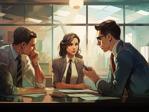 four young male and female business people talking seriously to each other behind desks in an office --ar 4:3 --v 5.2