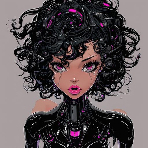 magus girl android, she has olive skin tone, long oval shaped face with high cheek bones, thin black curly hair, black almond shaped eyes, full pink lips that curve up in a coy smile, small oval nose with medium length rigde, long sharp arched black eyesbrows, nightclub makeup look, skin missing from neck and part of jaw exposing chrome metal and wiring, view of girl android from the shoulders up, Cuphead 1920 rubberhose cartoon style --v 6.0