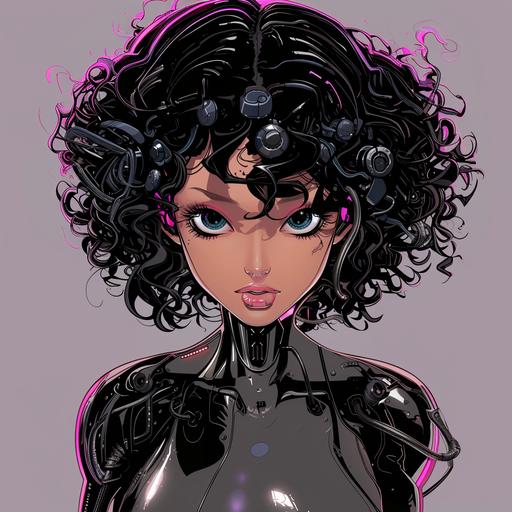 magus girl android, she has olive skin tone, oval shaped face, thin black curly hair, black almond shaped eyes, full pink lips that curve up in a coy smile, small oval nose with medium length rigde, long arched black eyesbrows, heavy dark nightclub makeup look, skin missing from neck and part of jaw exposing chrome metal and wiring, view of girl android from the shoulders up, Cuphead 1920 rubberhose cartoon style --v 6.0