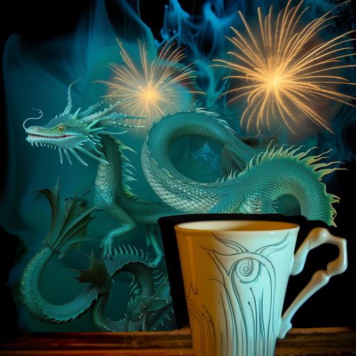 mahogany azure dragon curling around a white jade nepenthes pitcher as ulam spiral fireworks burst in the background --c 30 --w 250 --s 250 --v 6.0