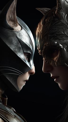 mainecoon knight vs catwoman , split screen cover , , finely detailed armor, intricate design, silver, silk, cinematic lighting, 4k, --ar 9:16 --v 5 --q 2