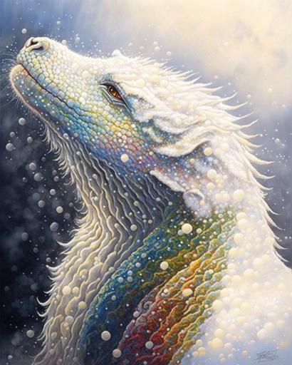 majestic Dragon with shimmering rainbow scales, very detailed, Photorealistic fantasy art:: Fluffy Kawaii Polar Bear cub playing in snow::0.8 --ar 4:5 --s 200 --c 10