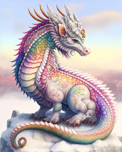 majestic Dragon with shimmering rainbow scales, very detailed, Photorealistic fantasy art:: Fluffy Kawaii Polar Bear cub playing in snow::0.8 --ar 4:5 --s 200 --c 10