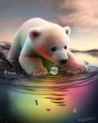 majestic Dragon with shimmering rainbow scales, very detailed, Photorealistic fantasy art::1.2 Fluffy Kawaii Polar Bear cub playing in snow:: Detailed wildlife photography::0.5 --ar 4:5 --s 200 --c 10