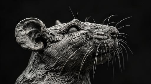 majestic mouse Queen of darkness, marble sculpture, elegant, full body, monochrome photography, one spot lighting, dark grey geodesic background, depth of Field, intricate details, shot on Hasselbald 907X, --c 20 --ar 16:9 --s 300 --v 6.0