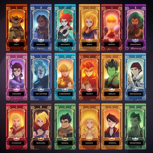 make a cinematic view of sheet of characters as a trading card sheet. an otherworldly realm. Make sure the colors are rich and captivating to draw viewers in. Characters:Highschool psychic heros These elements will further emphasize the theme of your gaming channel. Channel Name and Logo: Place the 