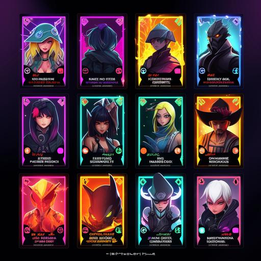 make a cinematic view of sheet of characters as a trading card sheet. an otherworldly realm. Make sure the colors are rich and captivating to draw viewers in. Characters:Highschool psychic heros These elements will further emphasize the theme of your gaming channel. Channel Name and Logo: Place the 