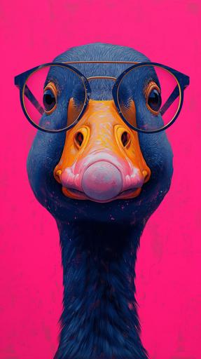 make a collage-style poster of a bright blue goose with glasses. The outline of the goose should look as if it were cut out of paper. The background should be bright pink in pop art style emanating from image, Illustration --ar 9:16 --s 750 --v 6.0