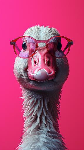 make a collage-style poster of a goose with glasses. The outline of the goose should look as if it were cut out of bemagi. The background should be bright pink in El Carne artist style --ar 9:16 --s 750 --v 6.0