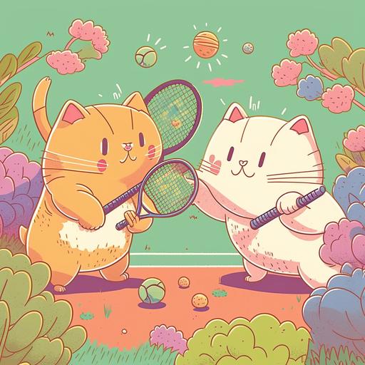 make a colorful Cartoon drawing of two Cats playing Tennis in a garden, in kawaii Style, in Pastel colors
