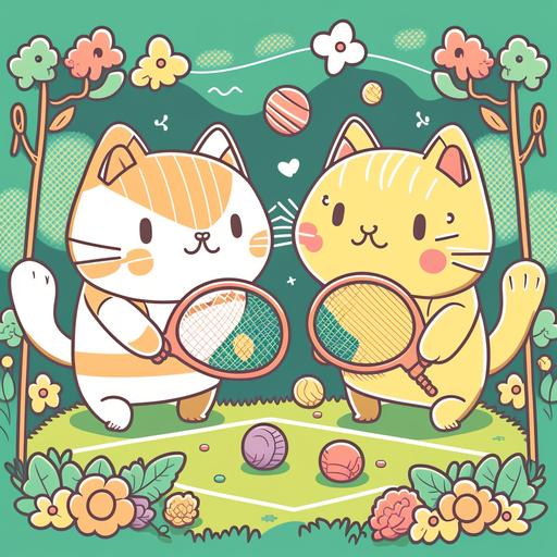 make a colorful Cartoon drawing of two Cats playing Tennis in a garden, in kawaii Style, in Pastel colors