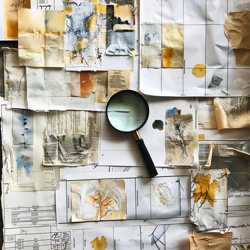 make a creative for this. several sheets of paper with data and research outcomes magnifying glass light and find watercolous