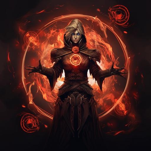 make a necromancer female with summon monster around her with path of exile logo in a fire planet