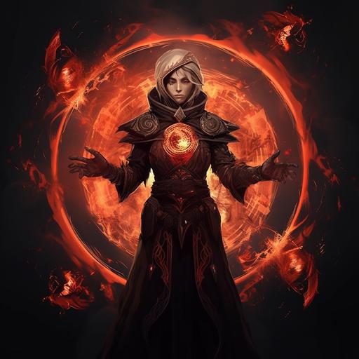 make a necromancer female with summon monster around her with path of exile logo in a fire planet