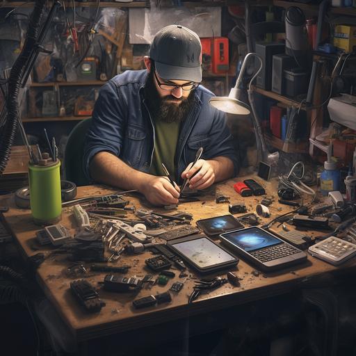 make a picture of a phone repair man working on a phone at his work bench surrounded by tools specific to phone repair