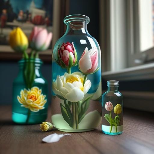make a real flower picture, a bunch of white, blue, yellow and pink tulip,rose,carnation flowers in a light green flower glass bottle in a coffe city.