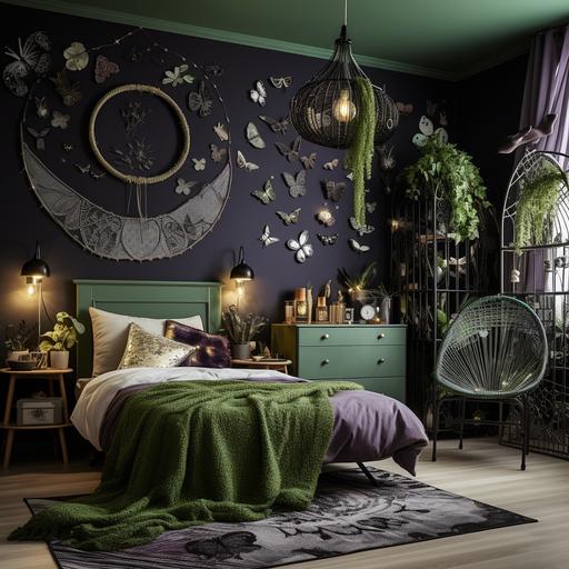 make a realistic visualization of a teenager's room in dark colors, dark plum walls, linen in fern leaves, dream catchers on the wall, dried flowers, a moon-shaped mirror, a tapestry on the wall with esoteric patterns, a lot of photos and graphics of butterflies, frogs, spiders on the wall, a lot of plants and ivy rhizomes