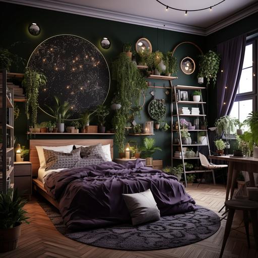 make a realistic visualization of a teenager's room in dark colors, dark plum walls, white linen in fern leaves, dream catchers on the wall, dried flowers, mirror, a tapestry on the wall with esoteric patterns, a lot of photos and graphics on the wall, a lot of plants and ivy rhizomes
