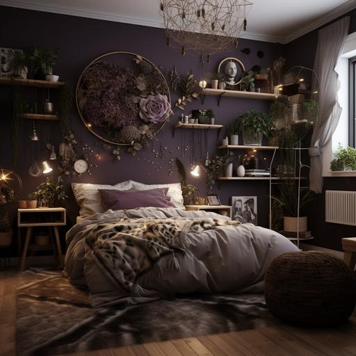 make a realistic visualization of a teenager's room in dark colors, dark plum walls, white linen in fern leaves, dream catchers on the wall, dried flowers, mirror, a tapestry on the wall with esoteric patterns, a lot of photos and graphics on the wall, a lot of plants and ivy rhizomes