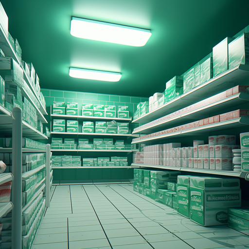 make a supermarket shelf perspective, with square products in green boxes kleenex, ultra-realistic 8k