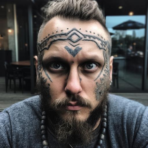 make a viking, with face tattoos. Suggest the Netflix series - Vikings. the figure must be very similar to the man in the photo