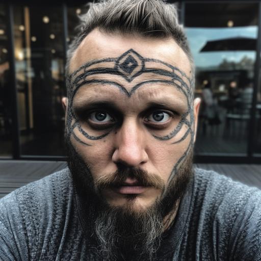 make a viking, with face tattoos. Suggest the Netflix series - Vikings. the figure must be very similar to the man in the photo