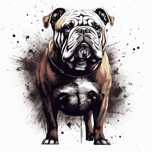 make bulldog into a high contrast with only black and white colors in a music flyer style with a stern face with splatter behind
