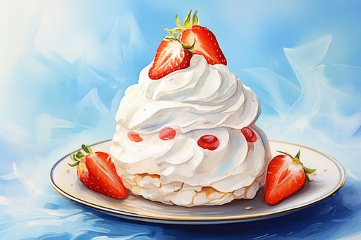 make into a watercolor sketch of a small pavlova with one strawberry on top. watercolor art. paper texture. Blue background.  --ar 3:2 --s 150